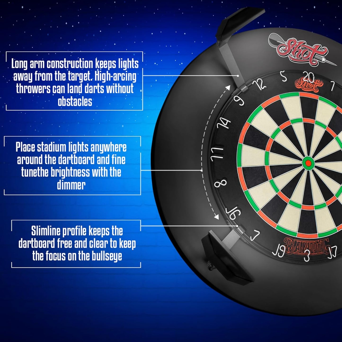Darts Stadium Dartboard Lighting System - 4 Steel Arms & Dimmer to Adjust Light Intensity (6100K Leds) Minimal Shadow Versatile Fit Compact and Lightweight Design Easy Installation