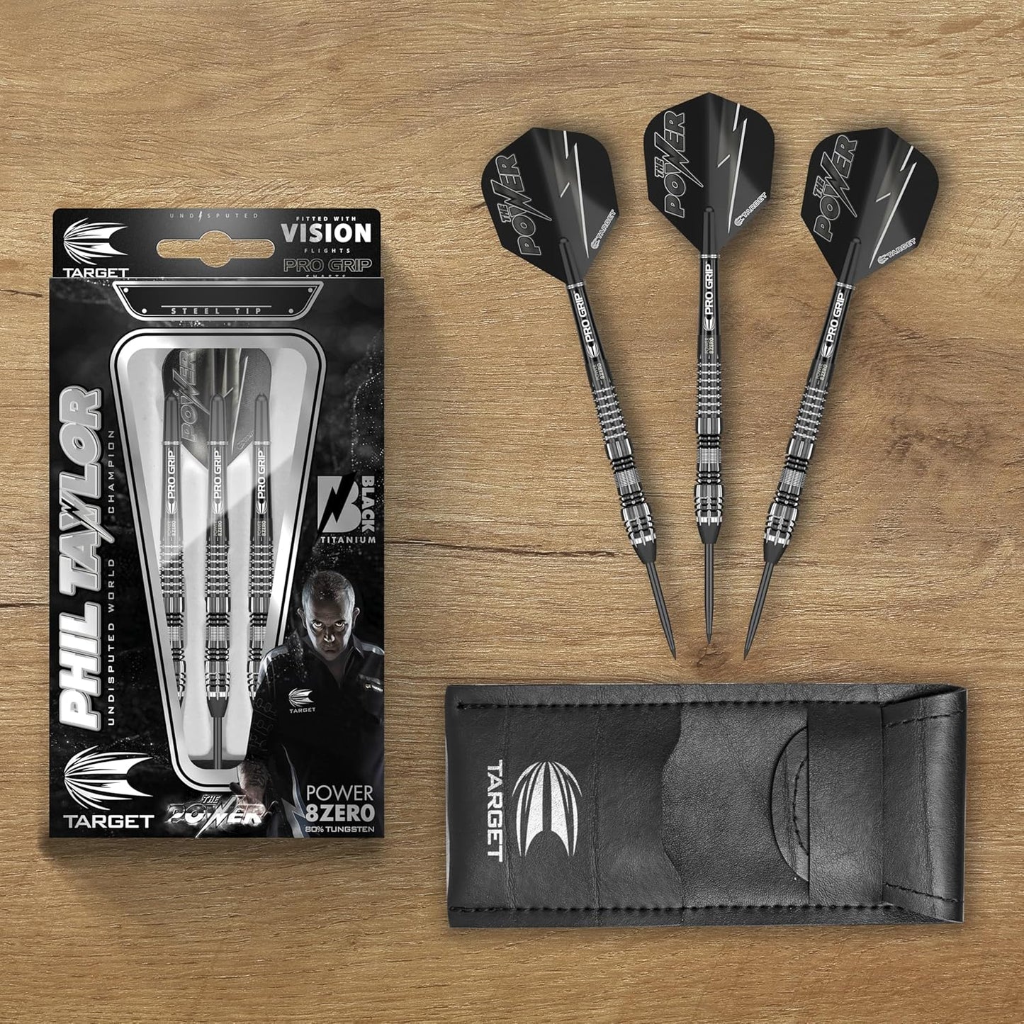 Darts Phil Taylor Power 8-Zero 4 Black Steel Tip Darts, 80% Tungsten Dart Set, P8Z4, 21G/23G/25G | Player Edition Darts with Swiss Point Tips or Fixed Points | Black Darts Case Included