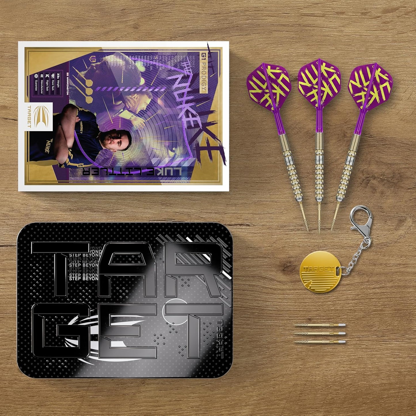 Darts Luke Littler Gen 1 Prodigy Steel Tip Swiss Point Darts, 90% Tungsten Darts, 22G/23G/24G | Generation 1 Gold Steel Tip Darts, G1 Player Edition Swiss Points Dart Sets, Flights and Shafts