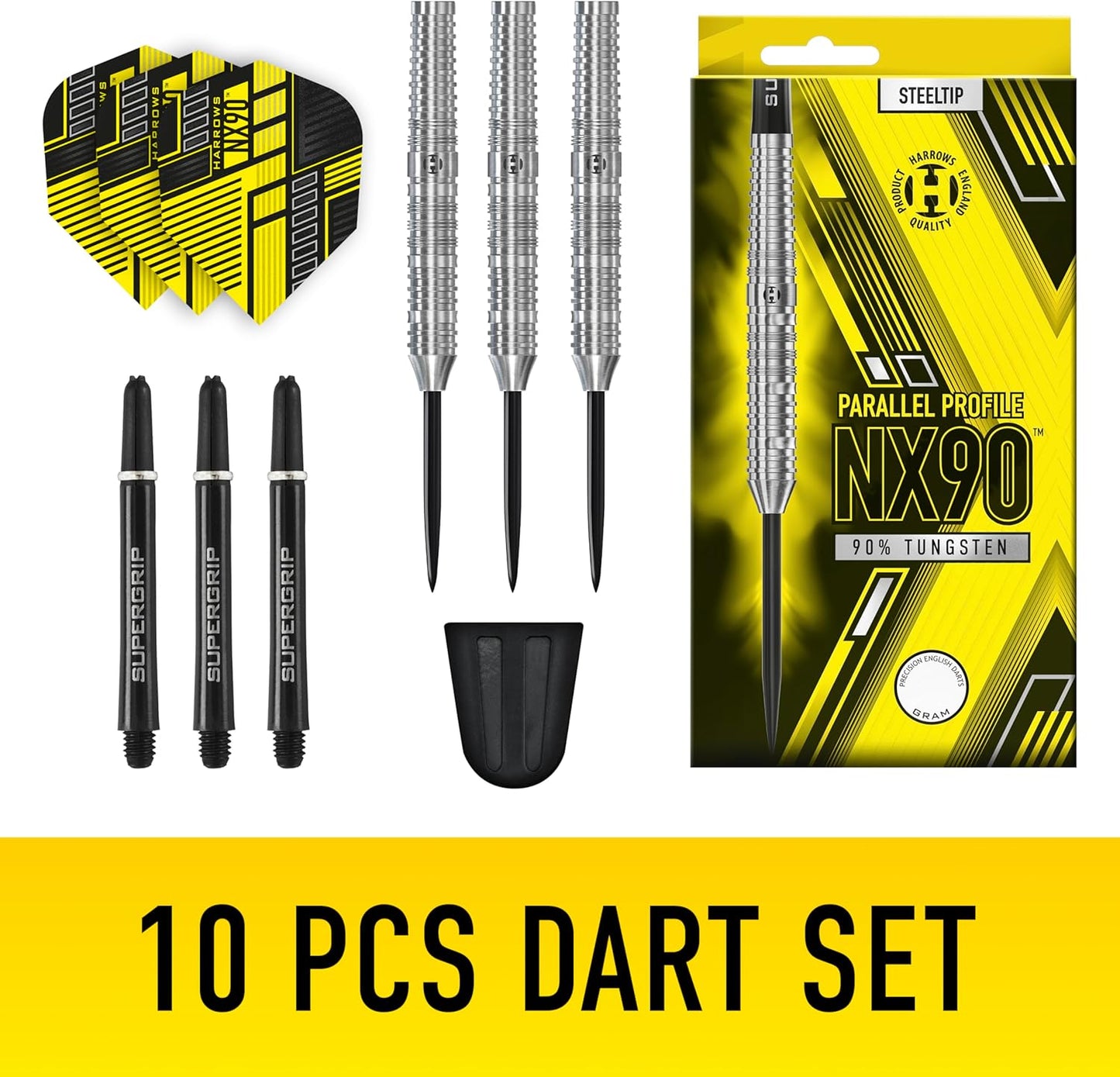 NX90 Bomb & Parallel Shape Darts Set I Professional Darts 90% Tungsten Steel Tip ALL Weights Pro Darts I 10Pc Set with Black Supergrip Midi Shafts & NX90 Flights