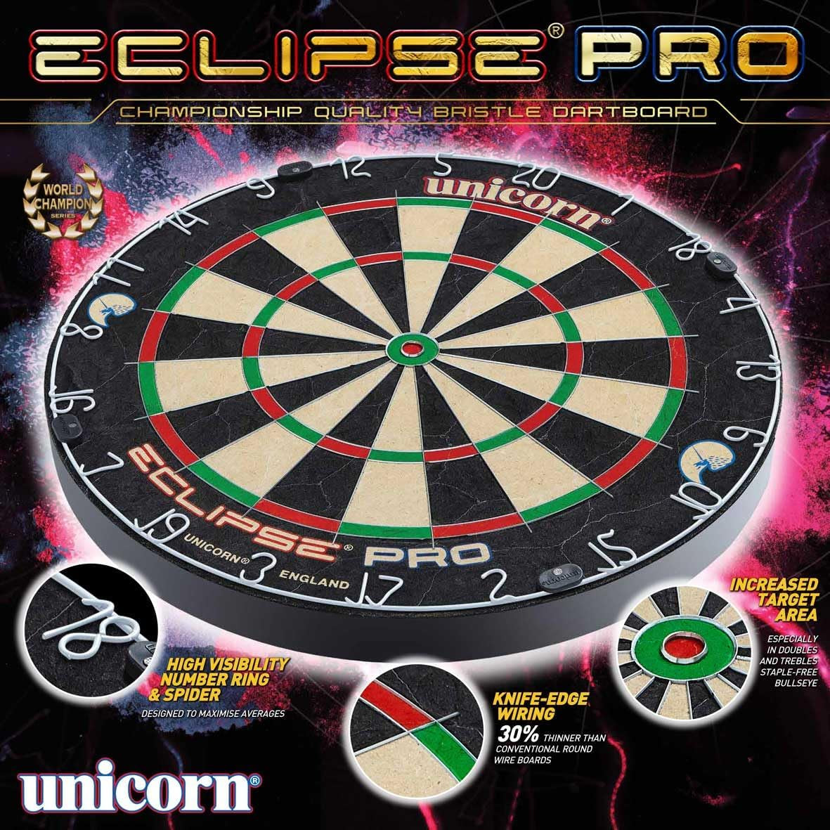 Dartboard | Eclipse Pro | Ultra-Visible Number Ring & Spider | Championship Quality Sisal Bristle | Staple-Free Construction