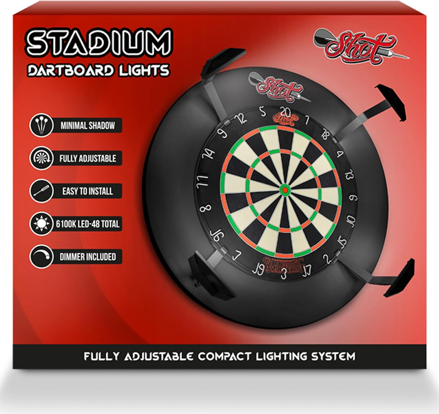 Darts Stadium Dartboard Lighting System - 4 Steel Arms & Dimmer to Adjust Light Intensity (6100K Leds) Minimal Shadow Versatile Fit Compact and Lightweight Design Easy Installation