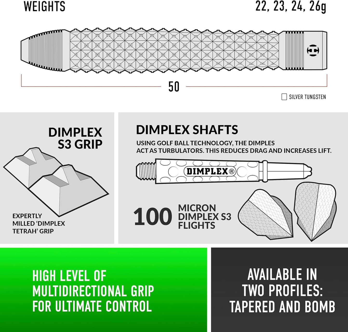 Dimplex Bomb & Tapered Darts Set I Professional Darts 90% Tungsten Steel Tip ALL Weights I 10Pc Set with Black Dimplex Midi Shafts & Dimplex Flights