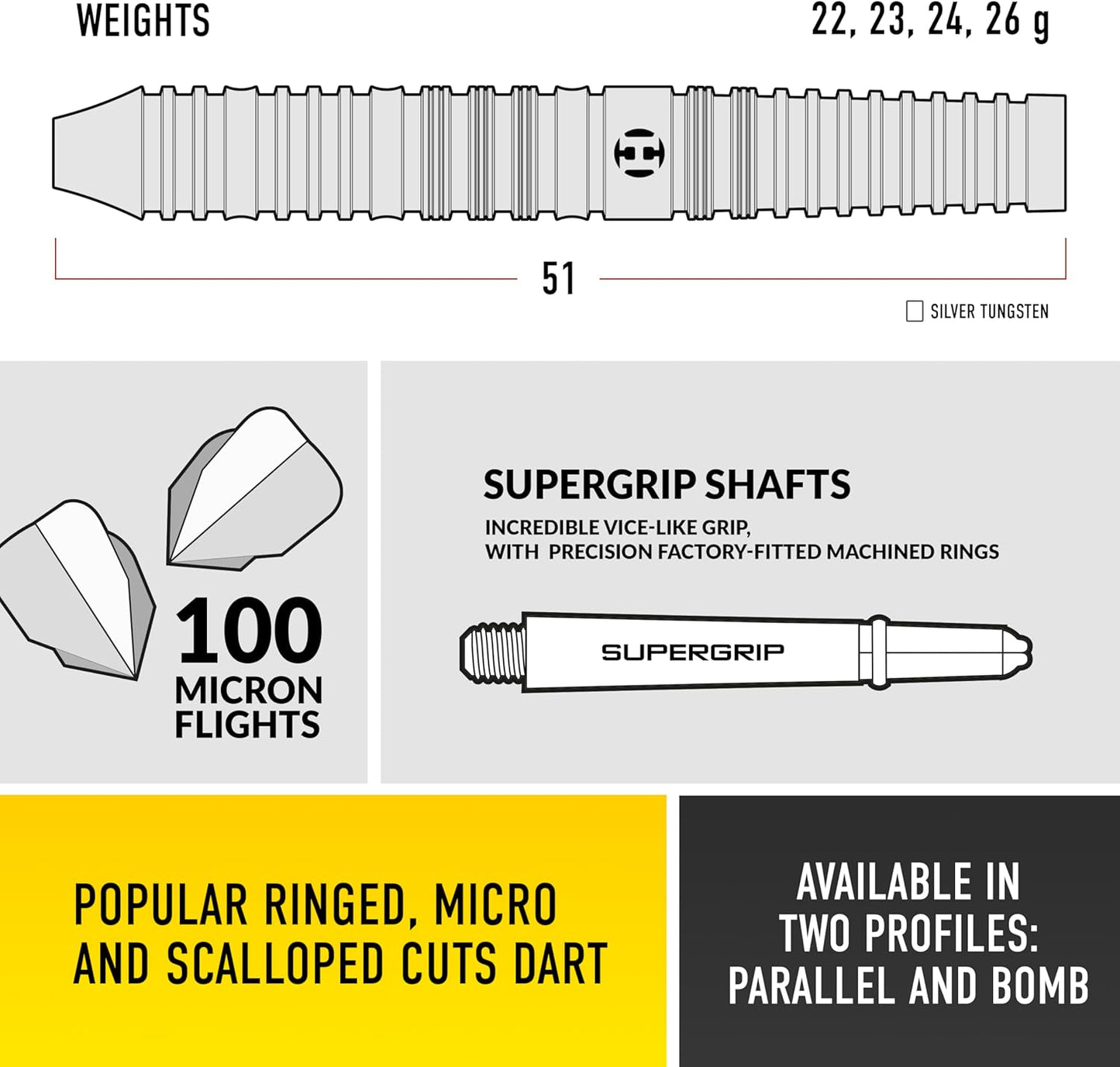 NX90 Bomb & Parallel Shape Darts Set I Professional Darts 90% Tungsten Steel Tip ALL Weights Pro Darts I 10Pc Set with Black Supergrip Midi Shafts & NX90 Flights