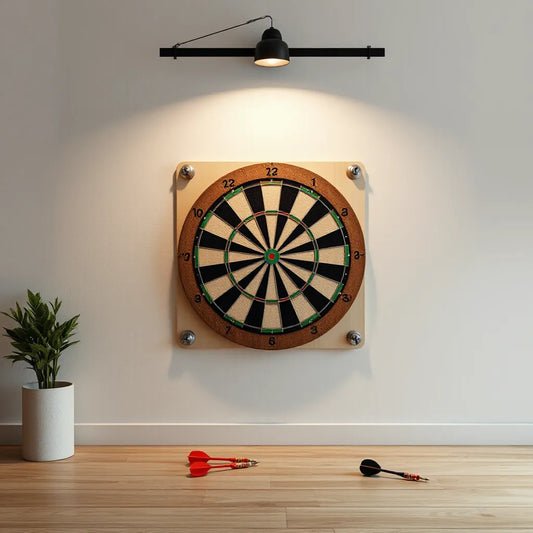 Dartboard mounted with a protective backboard behind it against a clean wall