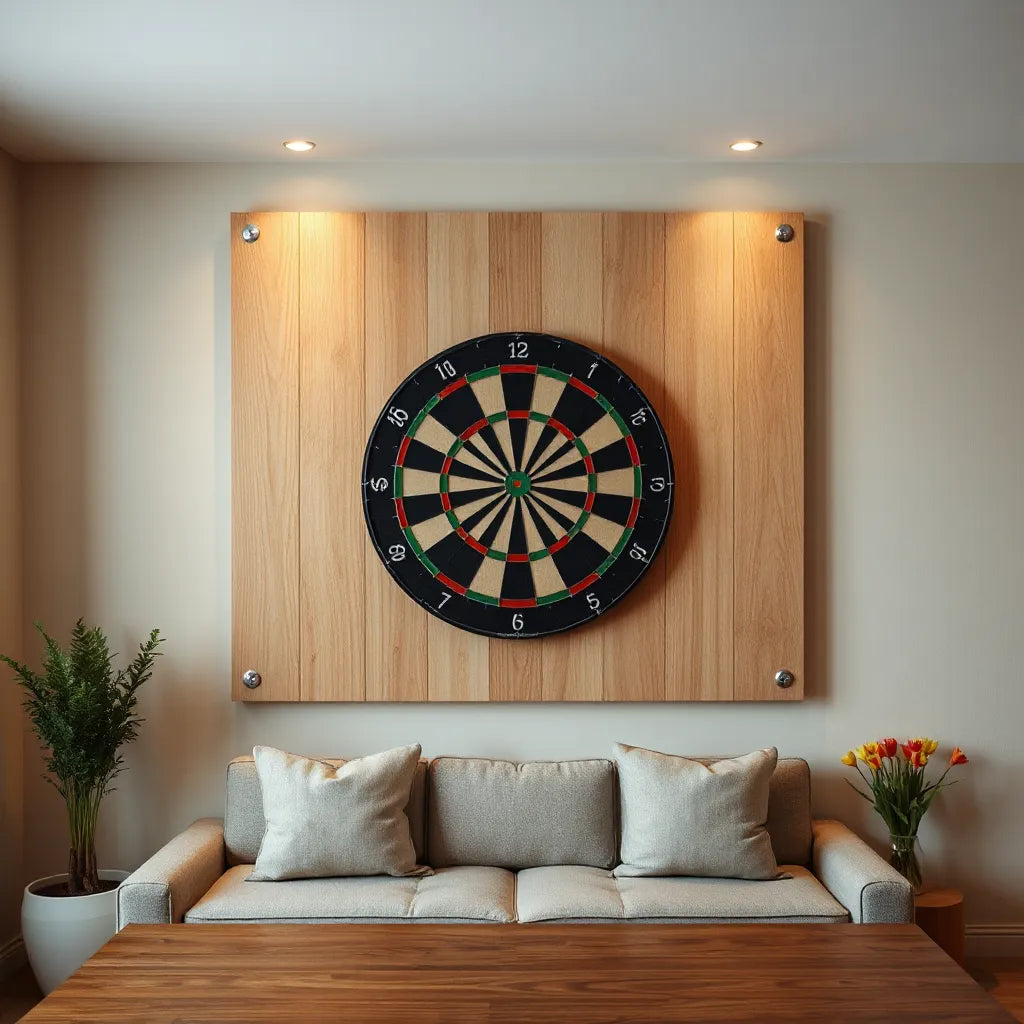 Wooden custom backboard panel with a mounted dartboard and protective backing in a tidy game room