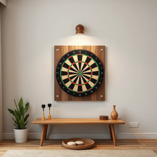Dartboard mounted with a custom backboard, showing clean alignment and mounting space