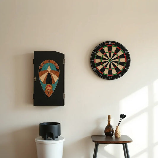 Mounted dartboard with a custom colorful design in a clean home game room