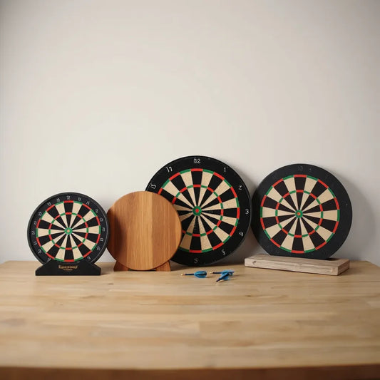 Multiple dartboards of different styles arranged neatly on a table, with darts nearby