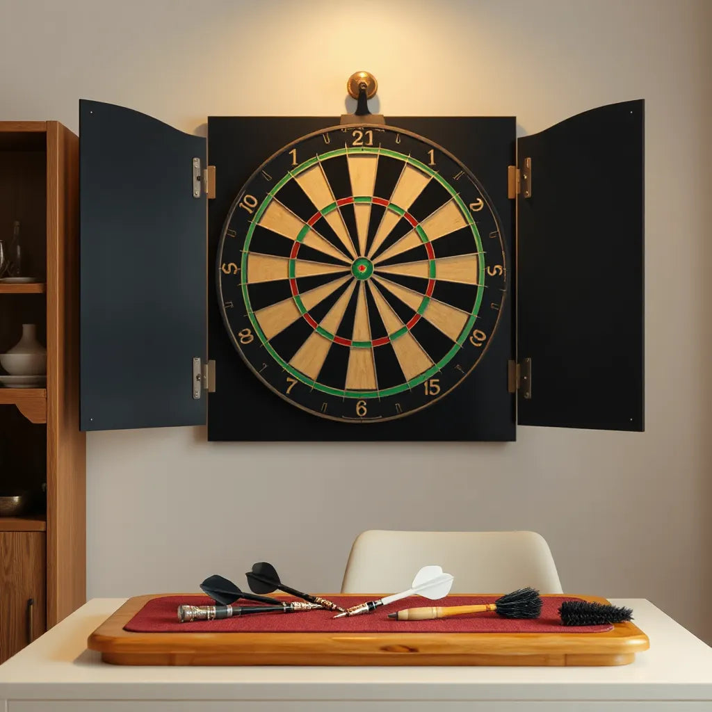 Dartboard with neatly arranged accessories including a surround frame, protective mat, darts, and a cleaning brush