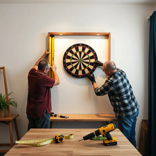 Two adults leveling and mounting a dartboard on a clean wall with tools nearby