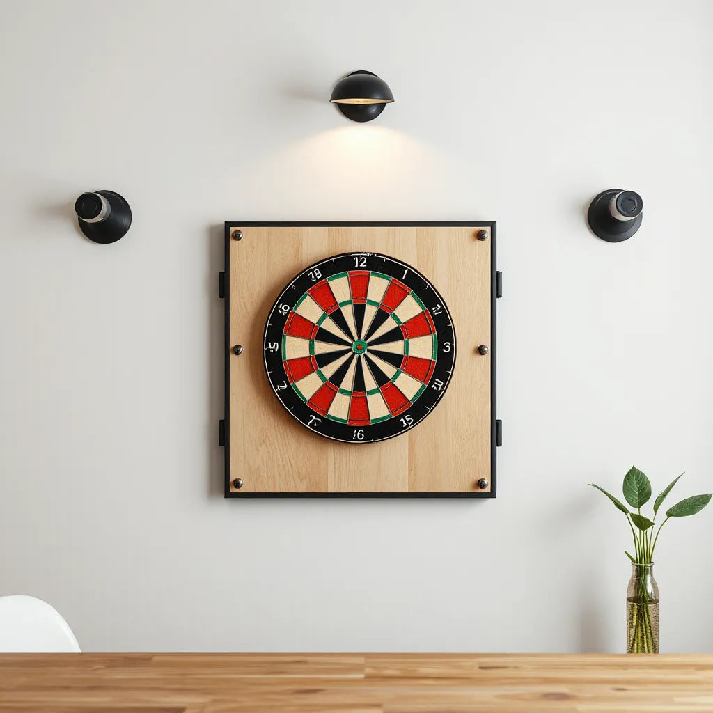 Dartboard mounted with a premium backboard panel behind it in a clean game room setting