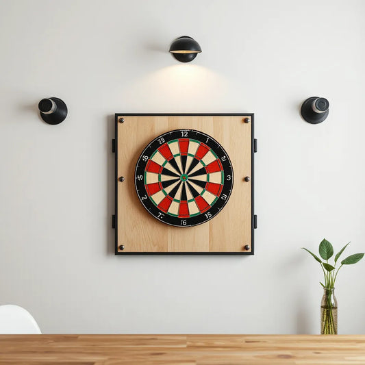 Dartboard mounted with a premium backboard panel behind it in a clean game room setting