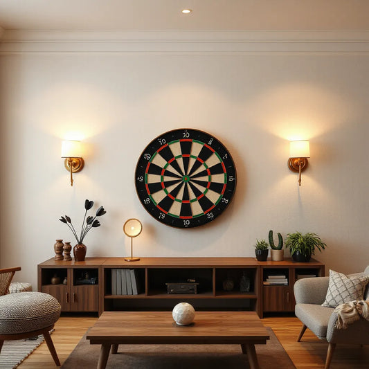 Centered dartboard on a stylish wall with warm lighting and premium decorative surround