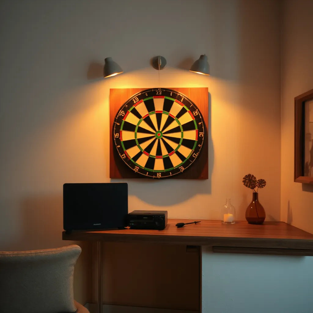 Customized dartboard with detailed illustrated graphics in a warmly lit game room