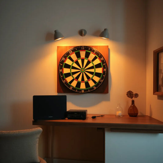 Customized dartboard with detailed illustrated graphics in a warmly lit game room