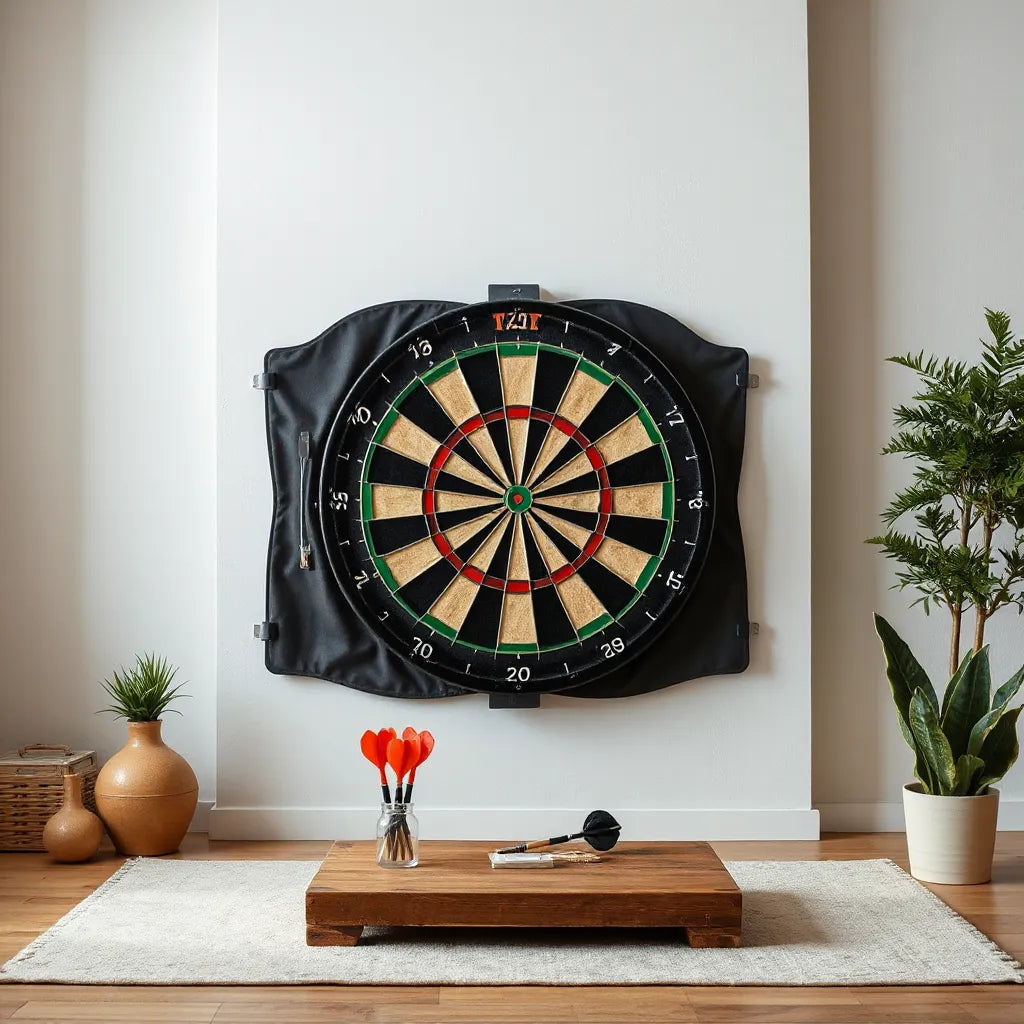 Dartboard mounted on a wall with a protective backboard behind it in a clean indoor room