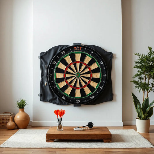 Dartboard mounted on a wall with a protective backboard behind it in a clean indoor room