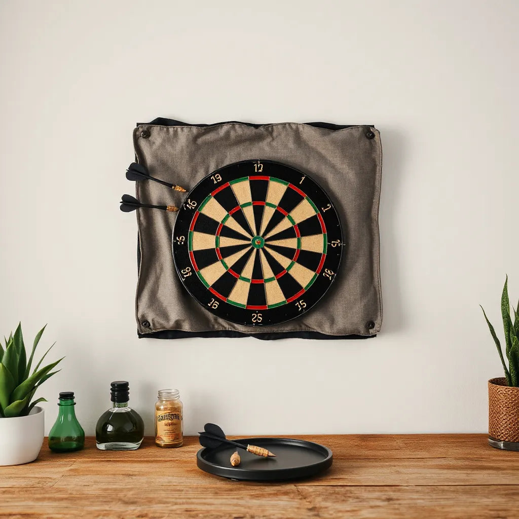Mounted dartboard with a protective backboard behind it on a wall in a clean indoor setting