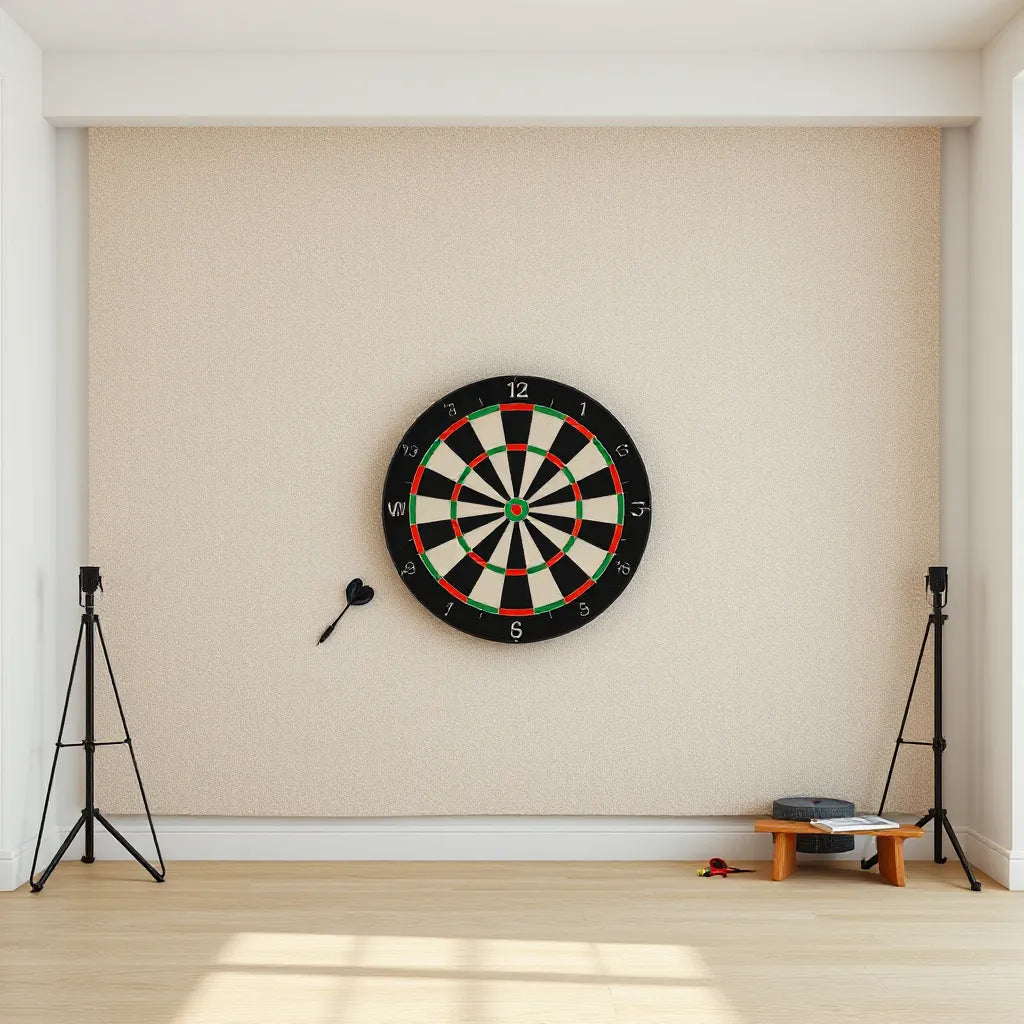 Dartboard mounted on a premium backdrop with a clean, modern game room wall behind it