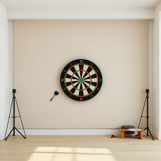 Dartboard mounted on a premium backdrop with a clean, modern game room wall behind it