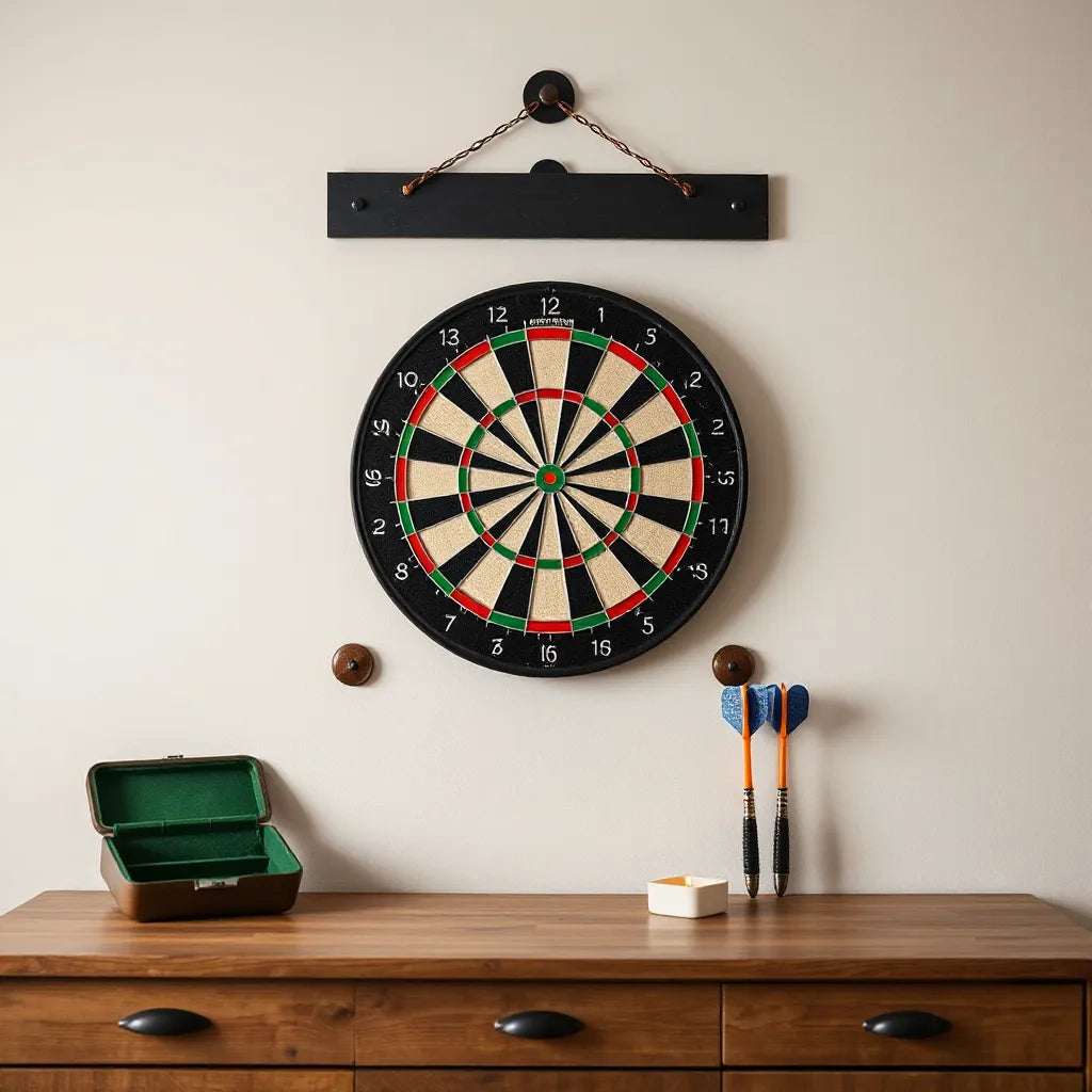 Team-color dartboard setup with matching themed surround, dart holder, and darts arranged neatly.