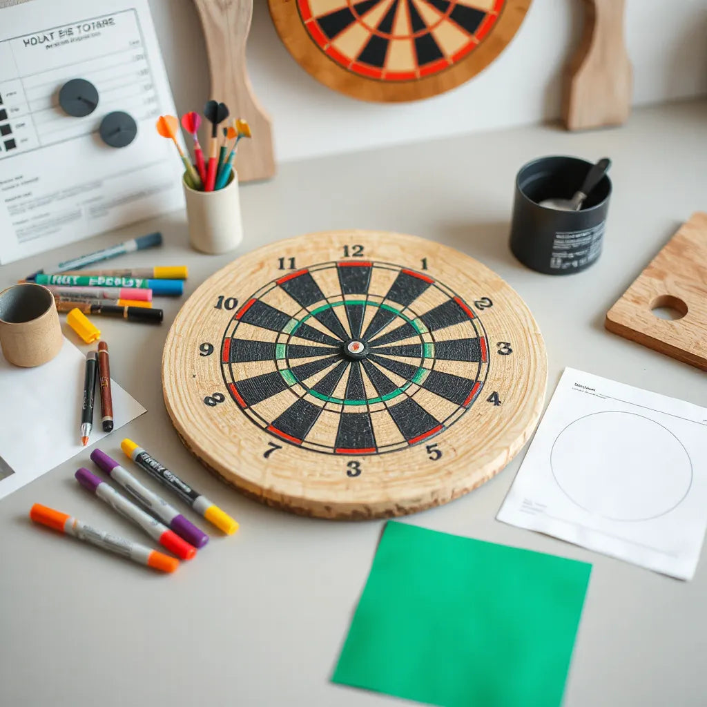 Tabletop setup with tools and a custom circular dartboard design being created
