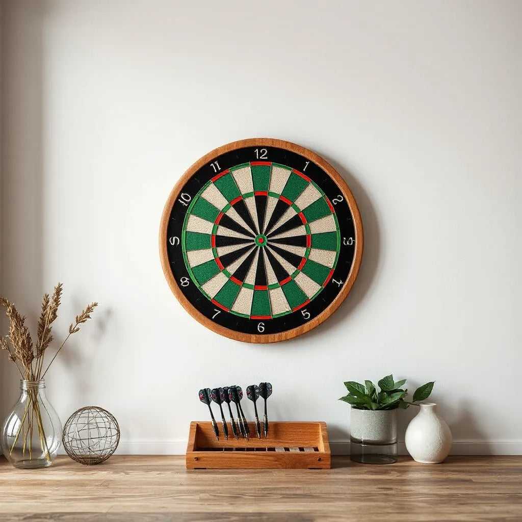 Wall-mounted dartboard with a fan-inspired custom design in a tidy game room