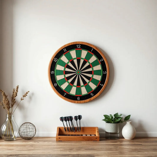 Wall-mounted dartboard with a fan-inspired custom design in a tidy game room