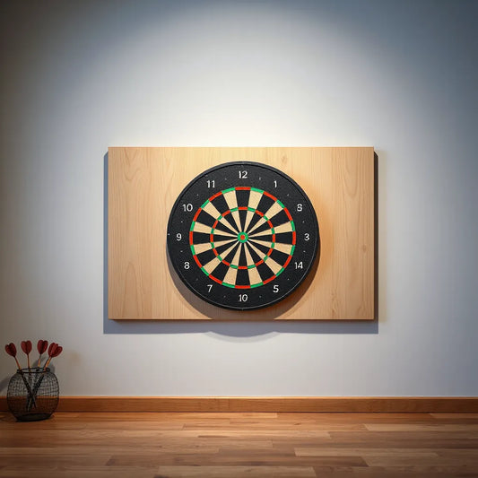 Dartboard mounted with visible durable backboard material options behind it for wall protection