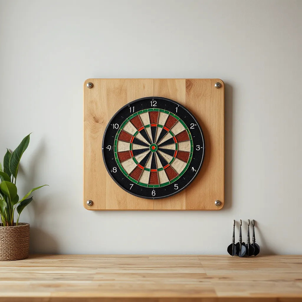 Dartboard mounted with a protective backboard behind it on a clean wall