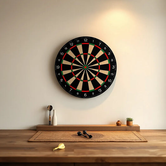 Custom dartboard with distinctive artwork mounted on a wall in a home game room