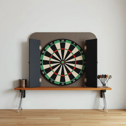 A mounted 1x2m dartboard backboard behind a dartboard in a clean game room wall