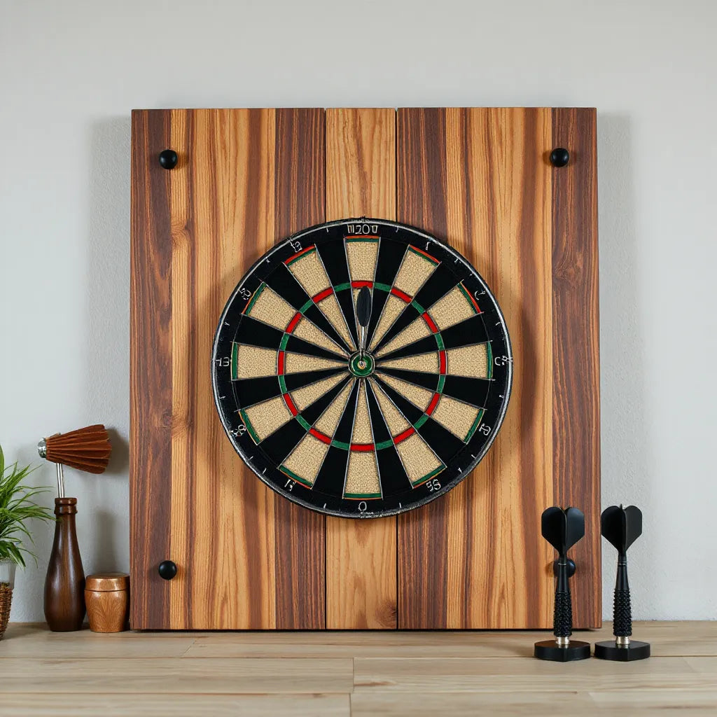 Regulation dartboard with a mounted protective custom backboard behind it in a clean home setup