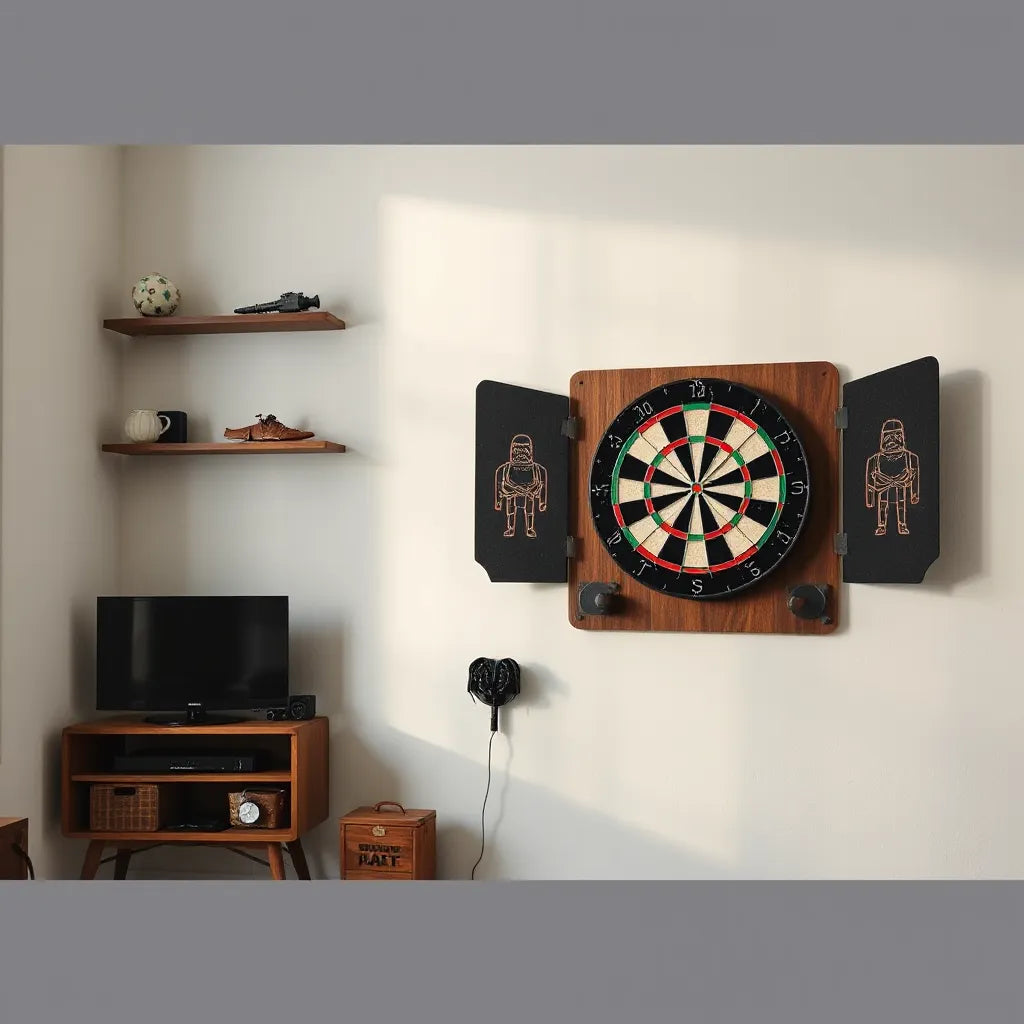 Mounted Star Wars themed dartboard with a protective backboard aligned at proper height on a wall