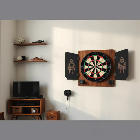 Mounted Star Wars themed dartboard with a protective backboard aligned at proper height on a wall