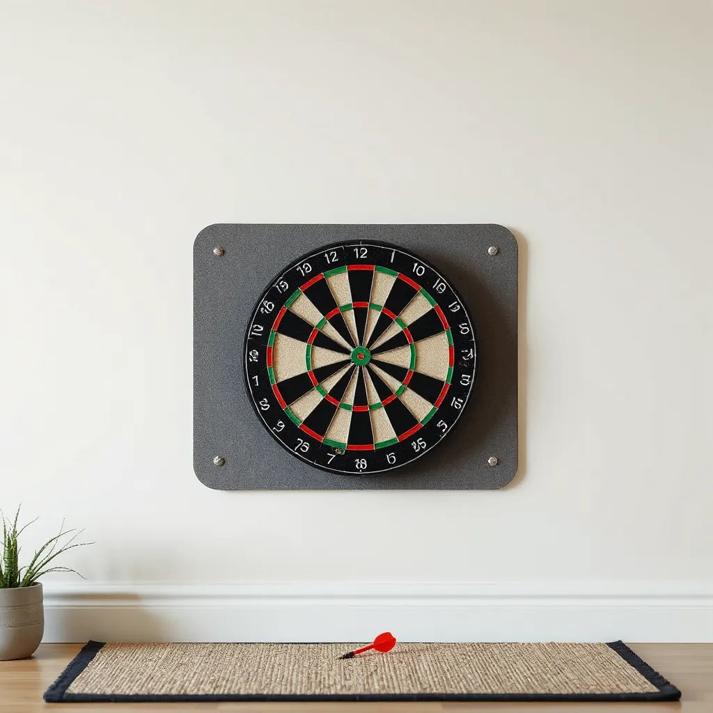 Mini dartboard mounted on a wall with a protective backboard for safer throws