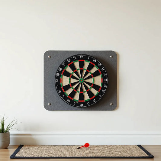 Mini dartboard mounted on a wall with a protective backboard for safer throws