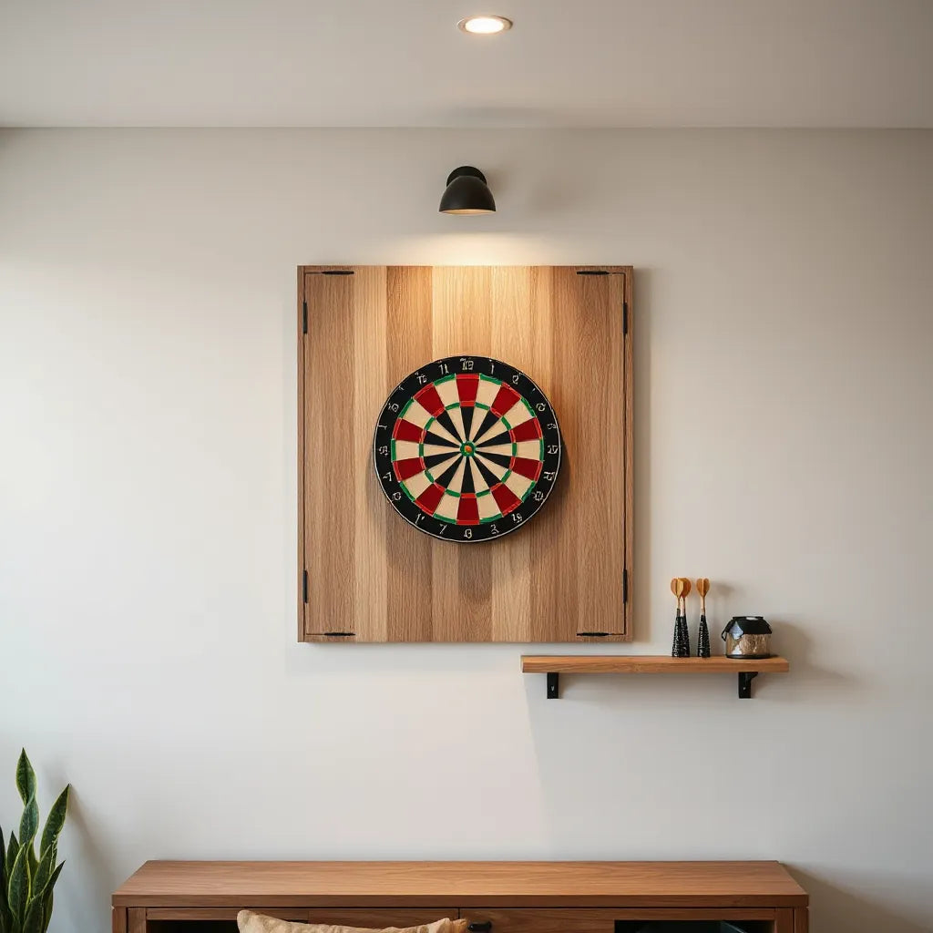 Dartboard mounted on a decorative custom backboard in a tidy home game room