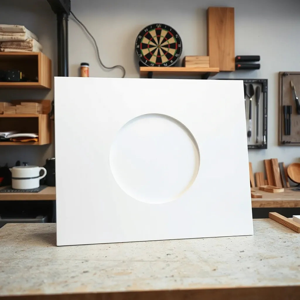 Smooth foamex PVC backboard on a workbench with clean edges and a dartboard-ready cutout area