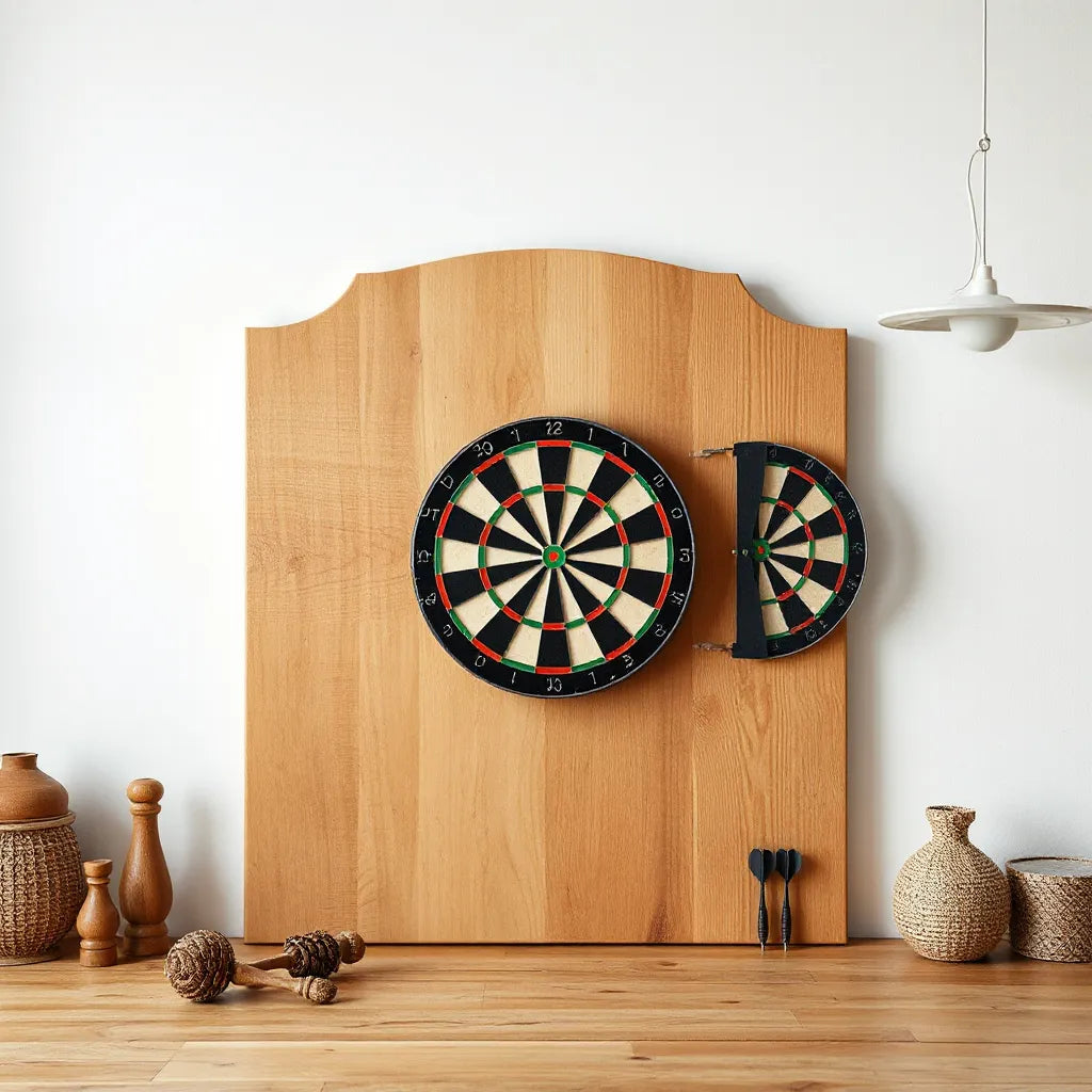 Themed wooden dartboard backboard mounted behind a dartboard in a clean room setting