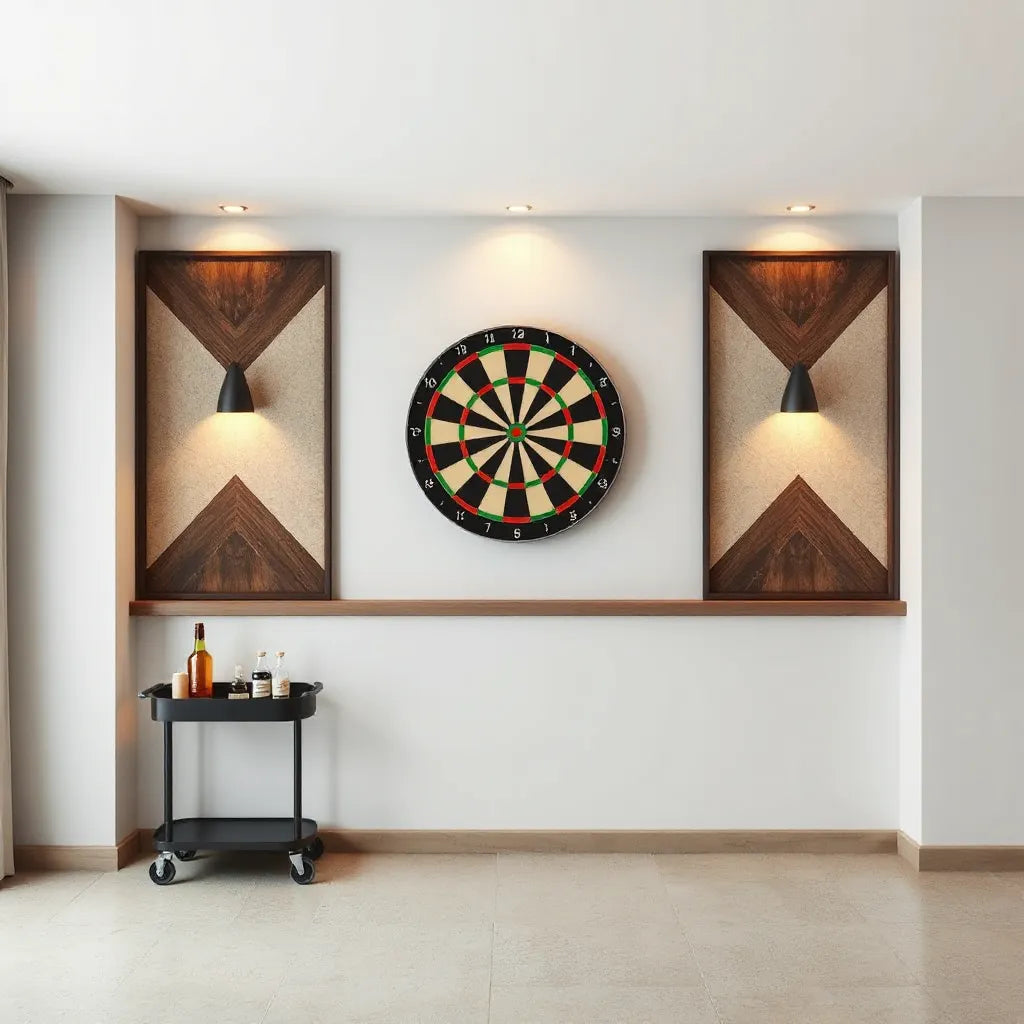Dartboard mounted on a stylish custom backdrop in a modern game room with warm lighting