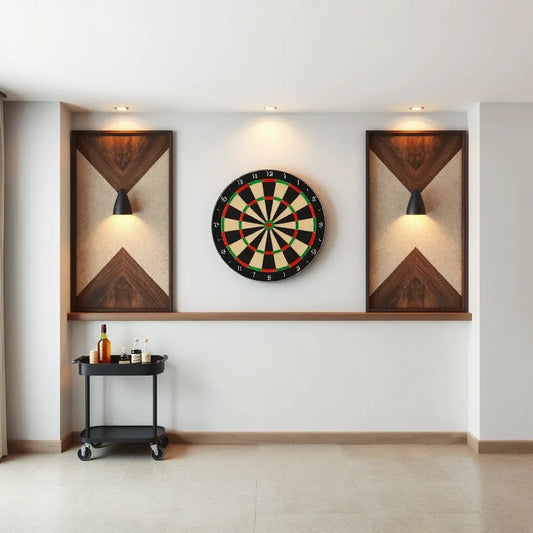 Dartboard mounted on a stylish custom backdrop in a modern game room with warm lighting