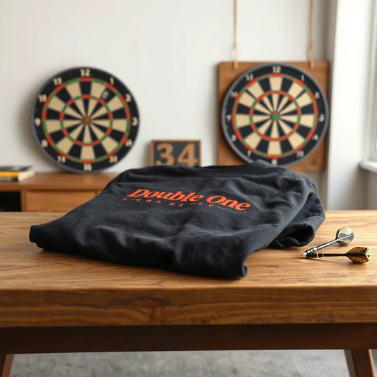 Black darts t-shirt laid on a wooden table with darts and a blurred dartboard in the background