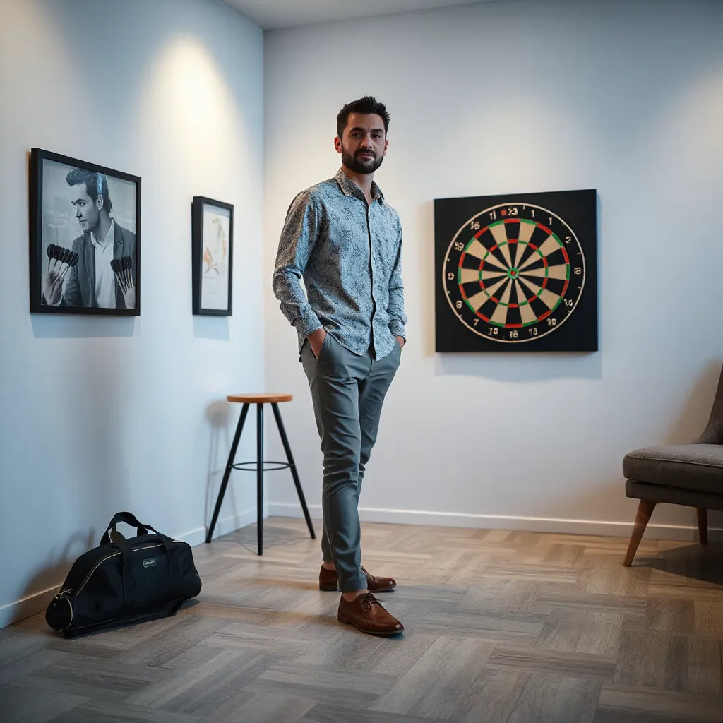 Person wearing stylish darts apparel near a dartboard in a modern lounge