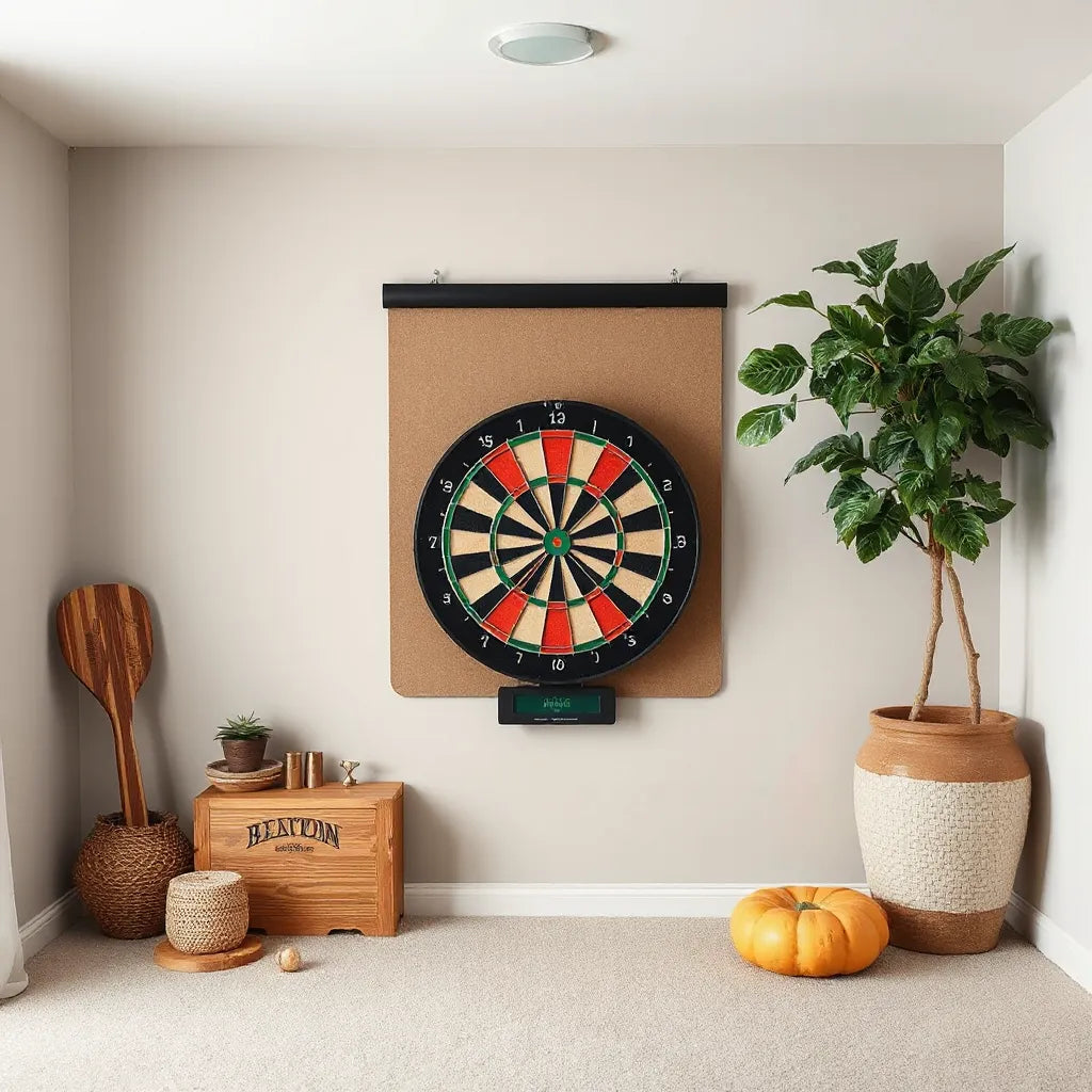 Mini dartboard mounted with a protective backboard behind it on a wall