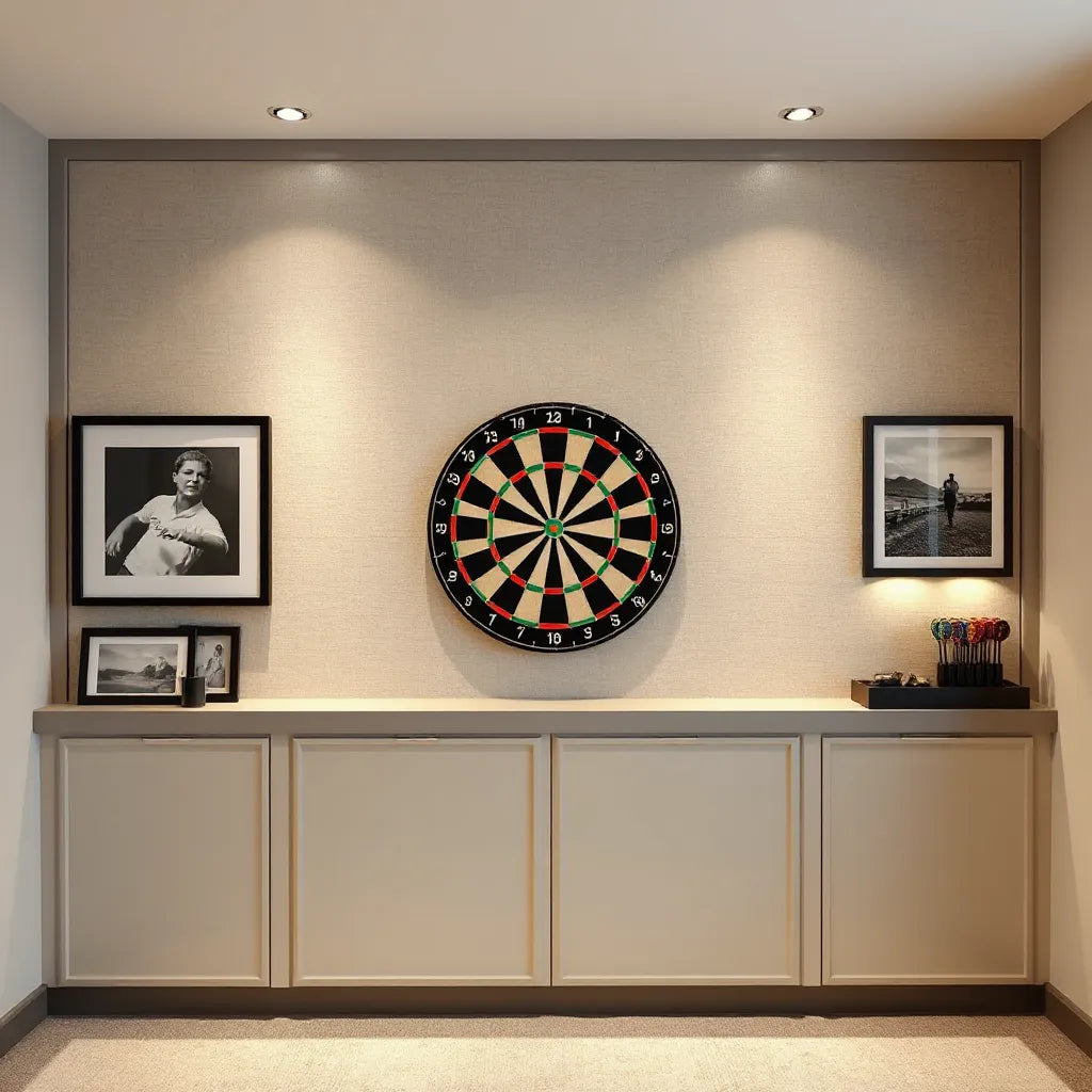 Centered darts board with framed competition-style wall decor in a modern game room