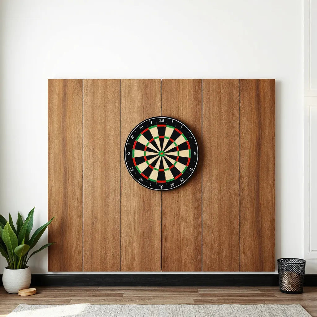 Mounted dartboard with a sturdy backboard behind it on a clean game room wall
