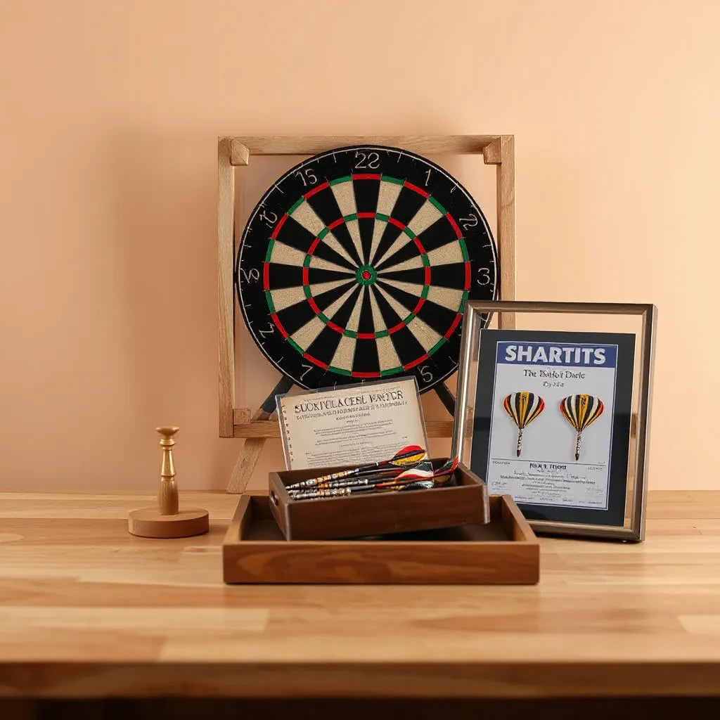 Vintage dartboard with classic darts and a framed match program on a wooden display