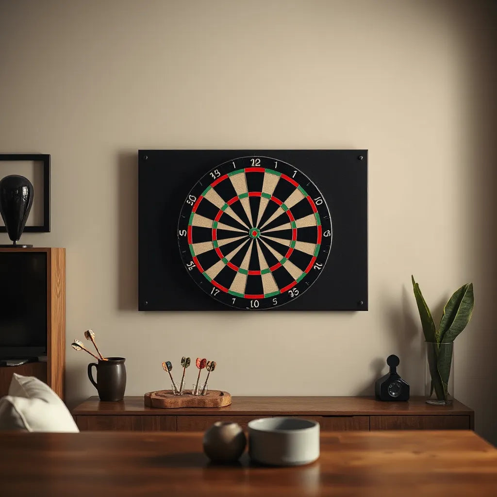 Dartboard mounted on a wall with a protective backboard behind it in a tidy game room